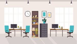 Innenkonzept für Büroarbeitsplatzmöbel, Grafikdesign-Karikaturillustration