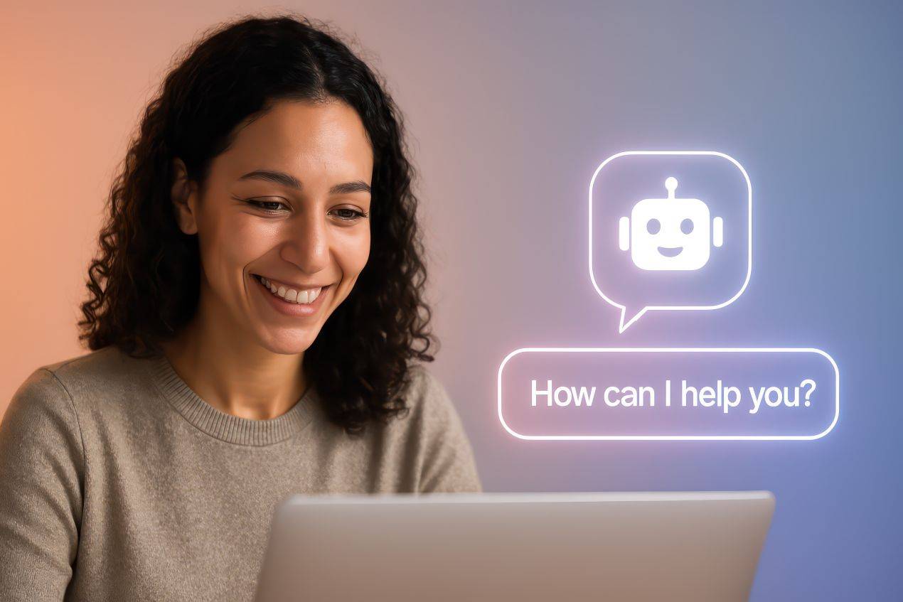 Nutzerin interagiert mit Chatbot – KI Lösungen für automatisierten Kundenservice im Dienstleistungssektor