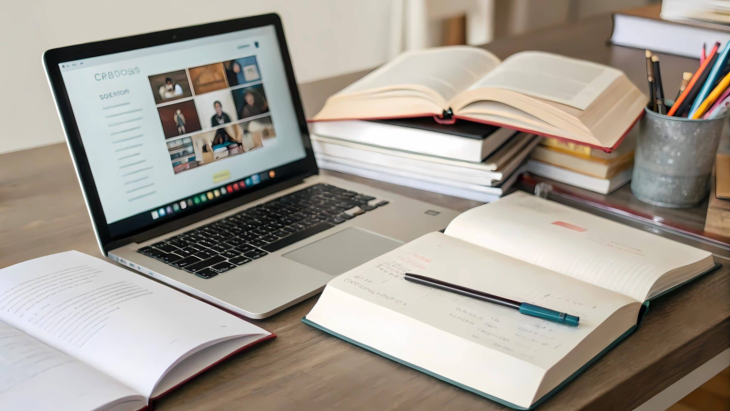 Einrichtungsstudie für Online-Bildung mit Laptop, Büchern und Notizen für das Lernen aus der Ferne und den Erfolg von Studenten.