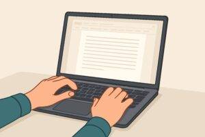 Hände tippen auf der Laptop-Tastatur, schreiben ein digitales Dokument auf dem leeren Bildschirm, Online-Textbearbeitung, Remote-Arbeit, Inhaltserstellung,